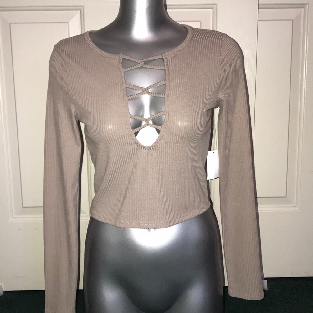 Nude criss cross front long sleeve ribbed